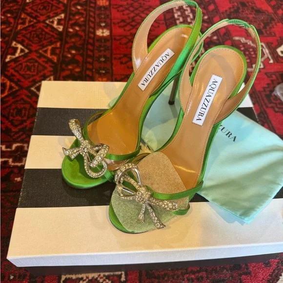 NEW NIB Aquazzura Babe 105 Sandals Heels in Green Satin